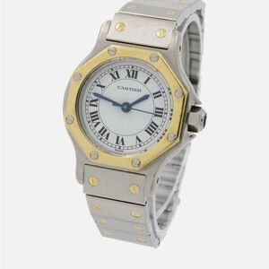Cartier Two-Tone Steel and Gold Santos with White Dial and Blue Hands